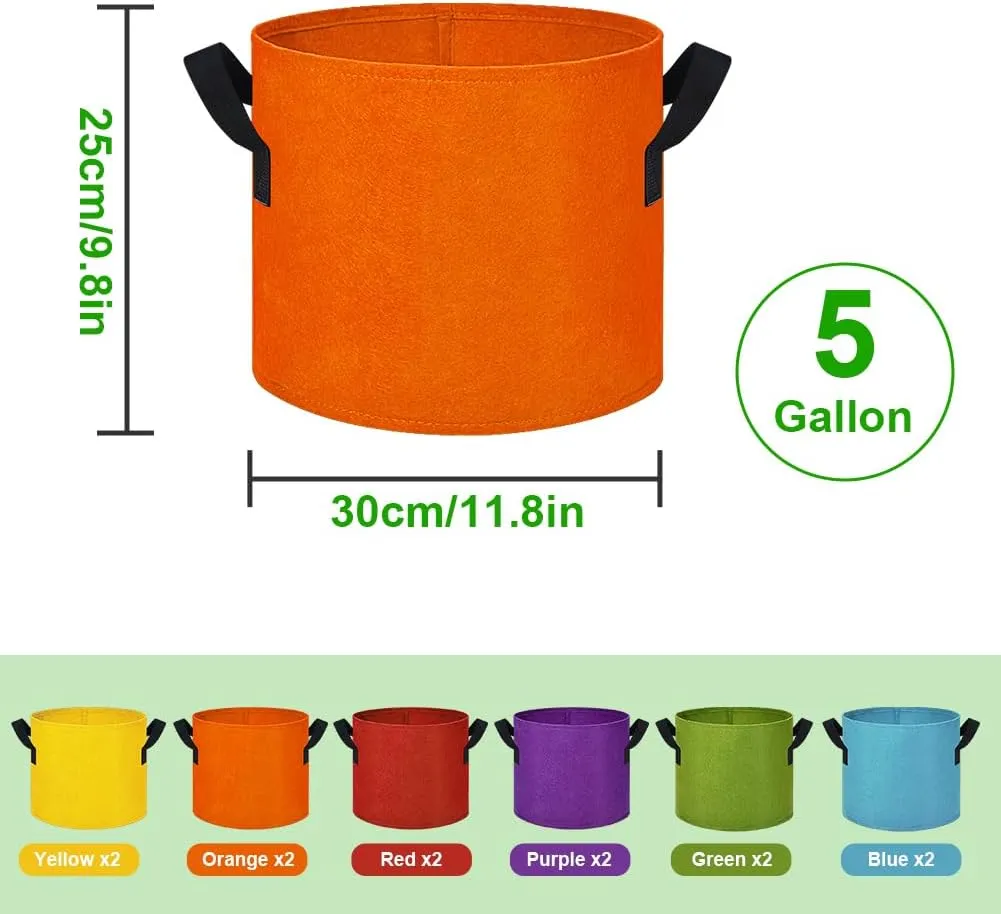 5 Gallon Grow Bags, 12 Pack Multicolor Fabric Plant Pot Bag with Handles Plant Grow Bags for Flowers, Fruits and Vegetables ﻿(Blue Green Yellow Orange Red Purple)