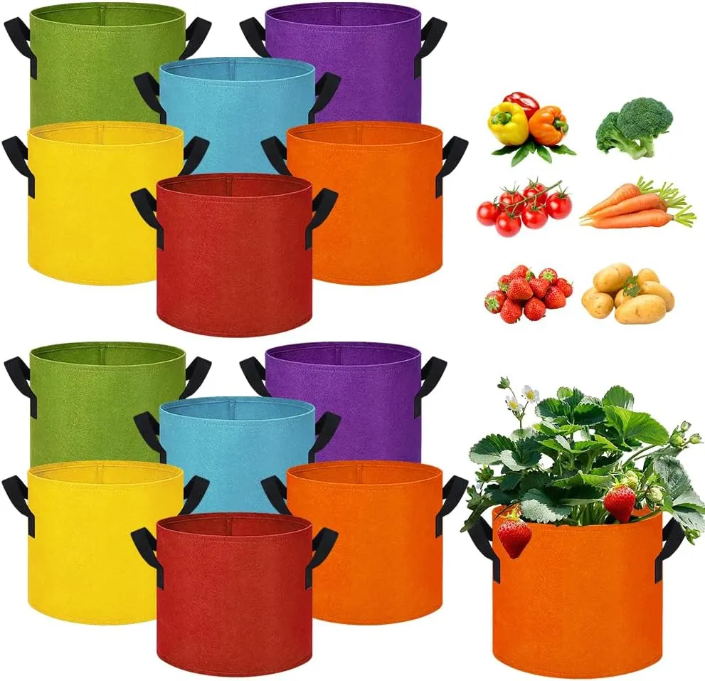 5 Gallon Grow Bags, 12 Pack Multicolor Fabric Plant Pot Bag with Handles Plant Grow Bags for Flowers, Fruits and Vegetables ﻿(Blue Green Yellow Orange Red Purple)