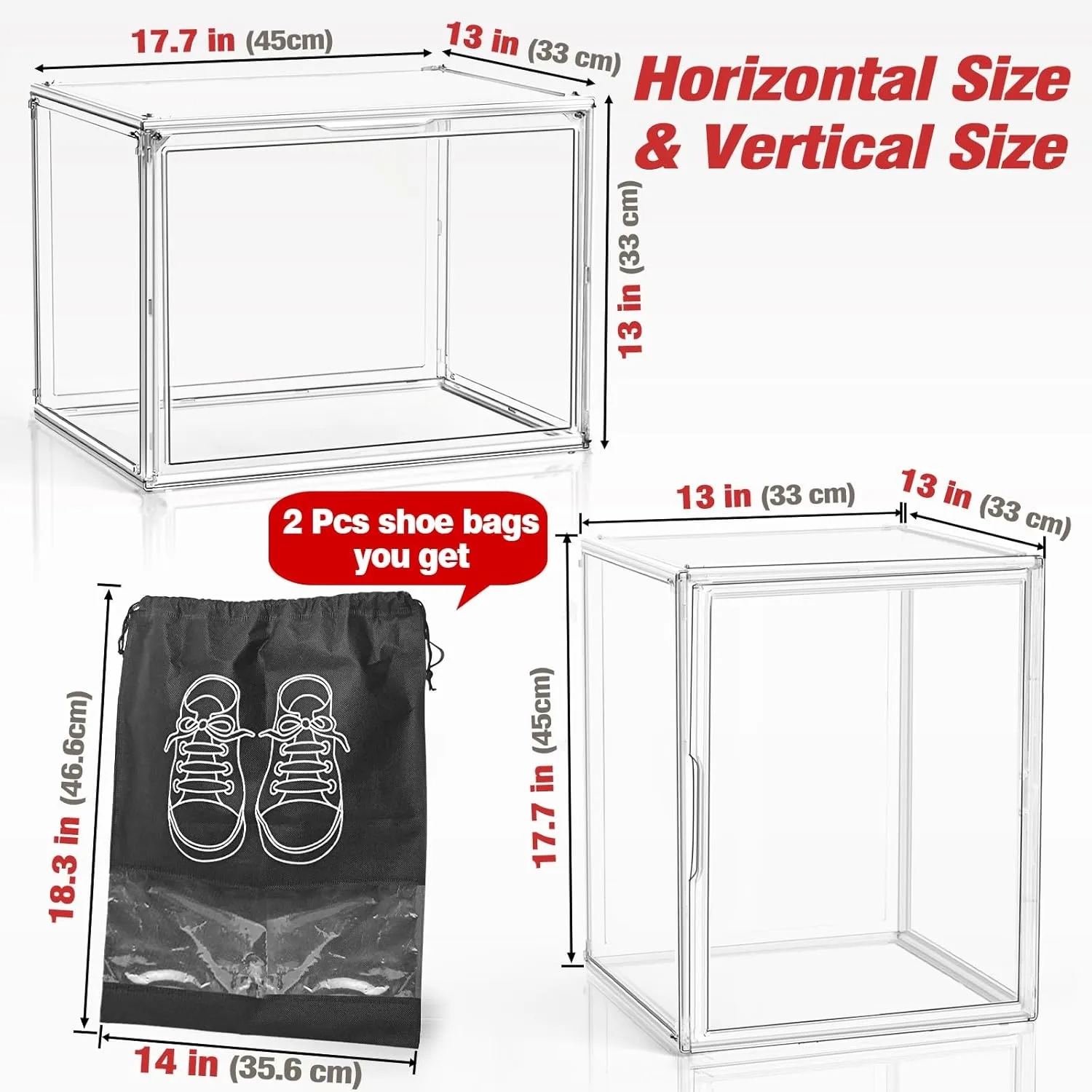 5 Pack Extra Large Acrylic Display Case, XXX-Large Boot Shoe Box, Clear Storage Organizer Stackable Handbag Purse Collectibles Case for Closet, 5 Display Boxes with 2 Black Shoe Bags