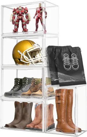 5 Pack Extra Large Acrylic Display Case, XXX-Large Boot Shoe Box, Clear Storage Organizer Stackable Handbag Purse Collectibles Case for Closet, 5 Display Boxes with 2 Black Shoe Bags