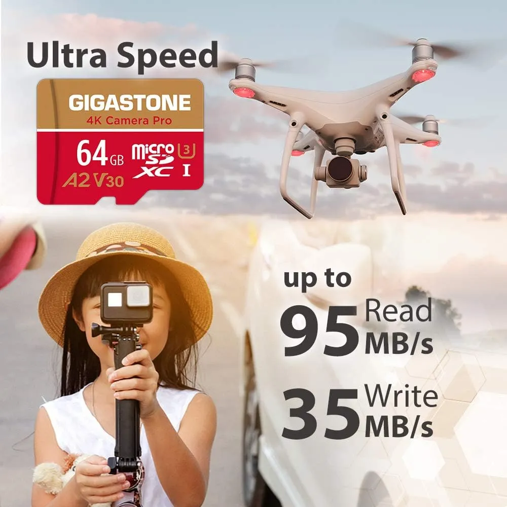 [5-Yrs Free Data Recovery] Gigastone 64GB Micro SD Card, 4K Camera Pro, UHD Video for GoPro, Action Camera, Wyze, DJI, Drone, Nintendo-Switch, R/W up to 95/35MB/s MicroSDXC Memory Card UHS-I U3 A2 V30