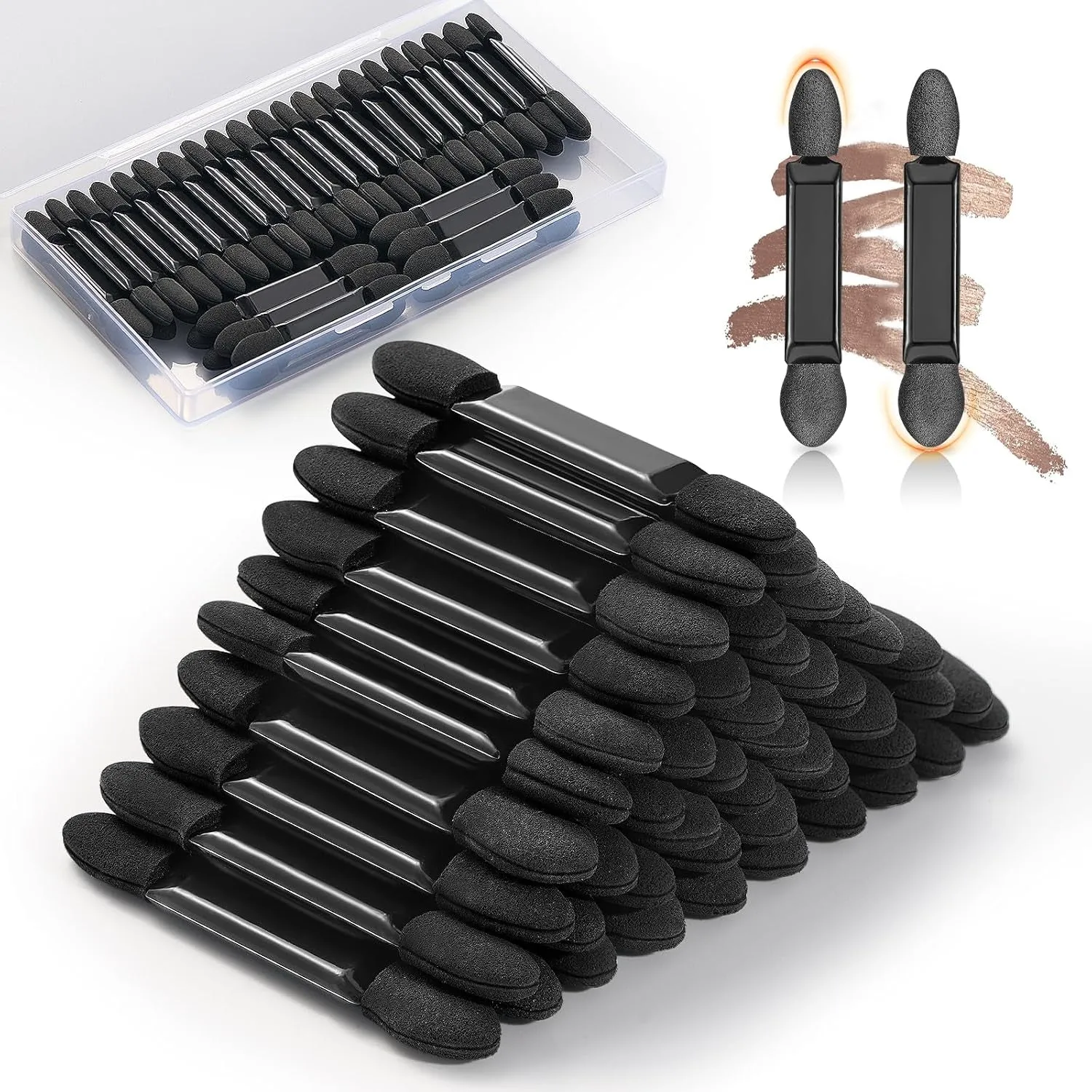 50Pcs Double Ended Eyeshadow Applicators Sticks with Organizer, Disposable Makeup Applicators, Sponge Tip Eye Shadow Brush Bulk