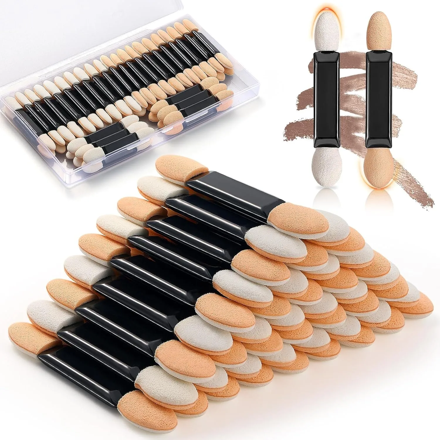 50Pcs Double Ended Eyeshadow Applicators Sticks with Organizer, Disposable Makeup Applicators, Sponge Tip Eye Shadow Brush Bulk