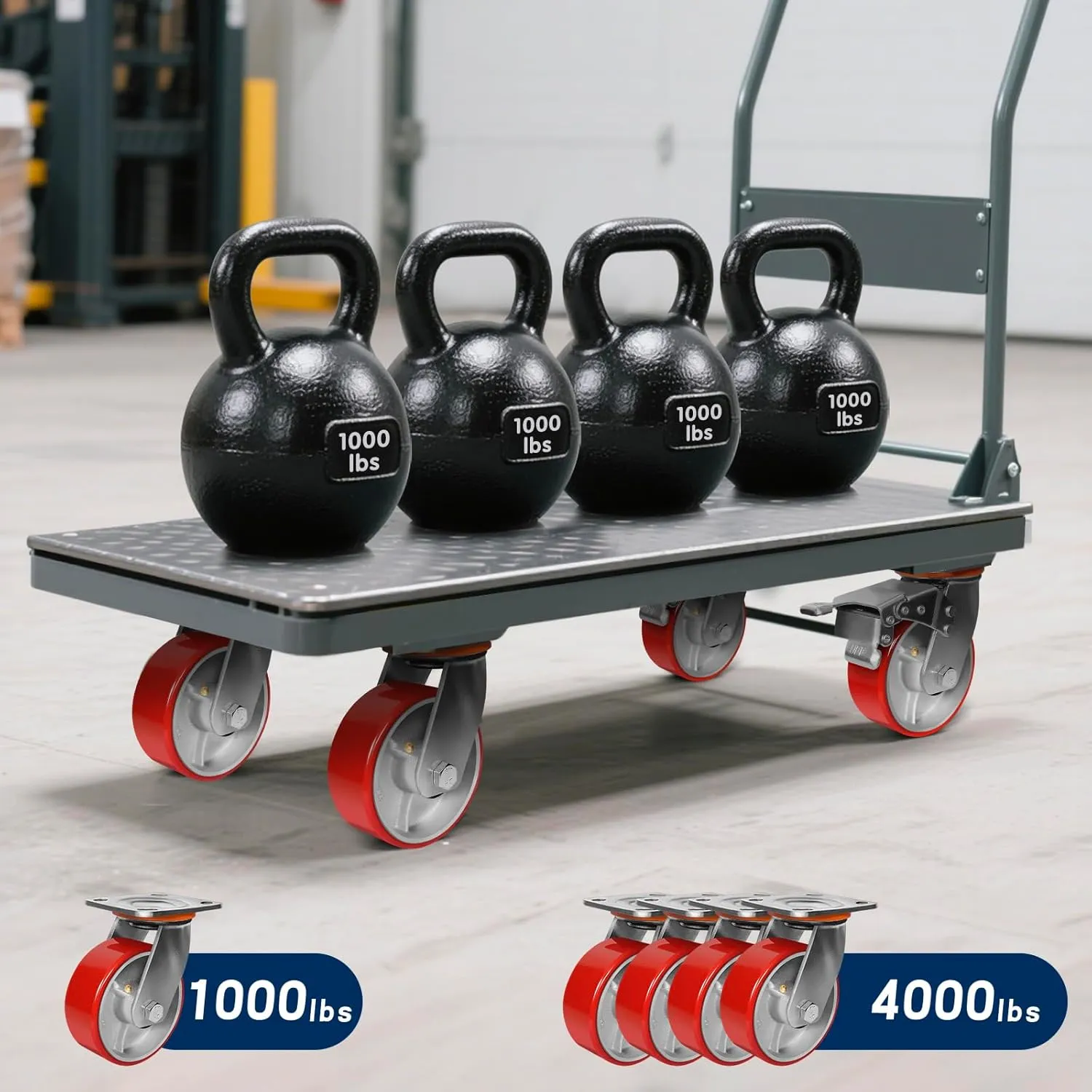 5"x2" Heavy Duty Casters Set of 4-4000 lb Capacity Industrial Caster Wheels with Polyurethane & Cast Iron, Swivel Plate Casters for Platform Trucks, U-Boat Carts, Military Equipment (4 Swivel)