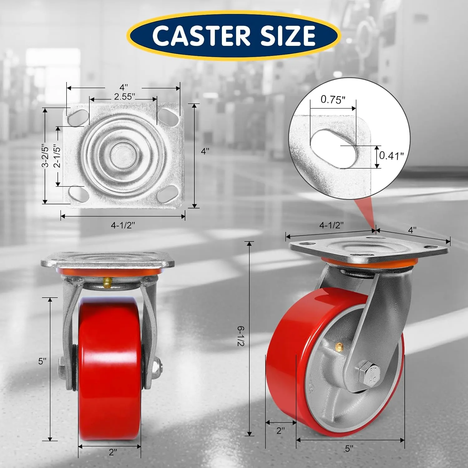 5"x2" Heavy Duty Casters Set of 4-4000 lb Capacity Industrial Caster Wheels with Polyurethane & Cast Iron, Swivel Plate Casters for Platform Trucks, U-Boat Carts, Military Equipment (4 Swivel)
