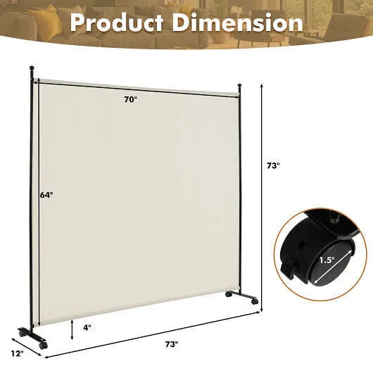 6 Feet Single Panel Rolling Room Divider with Smooth Wheels-White - Color: White