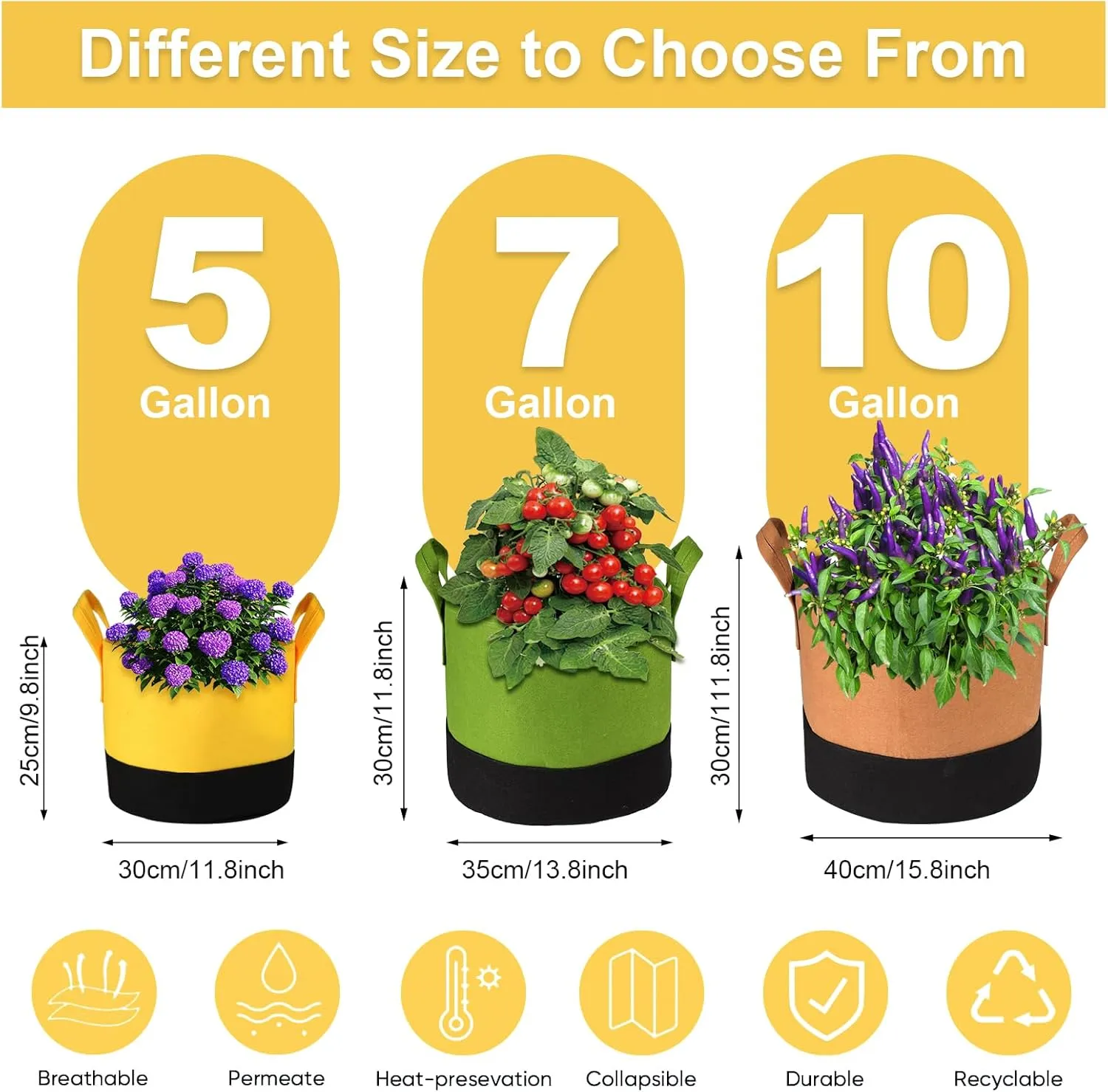 6-Pack 5/7/10 Gallon Grow Bags - 350G Heavy Duty Fabric Pots with Handles, Multi-Size Planter Bags for Potatoes Tomatoes Vegetables Fruit Flowers Herbs