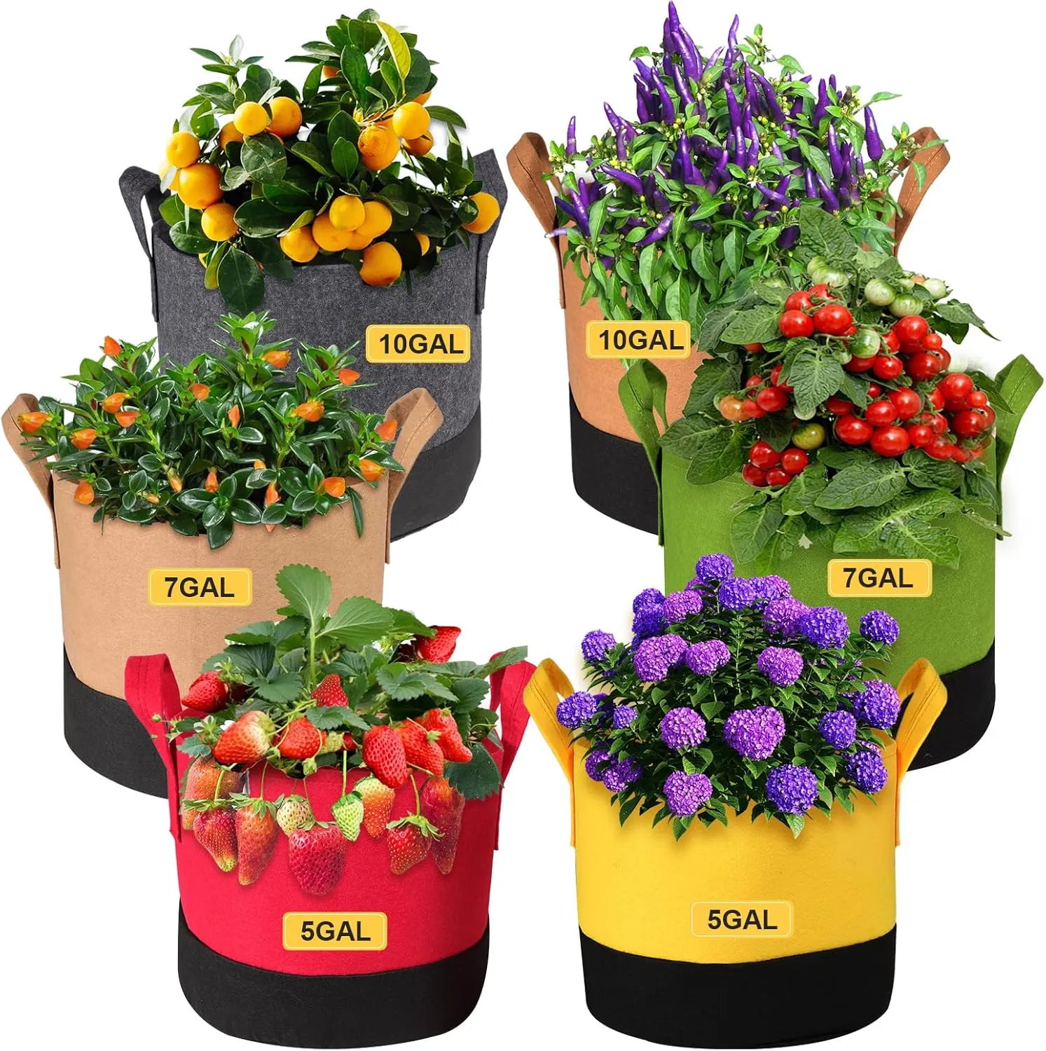 6-Pack 5/7/10 Gallon Grow Bags - 350G Heavy Duty Fabric Pots with Handles, Multi-Size Planter Bags for Potatoes Tomatoes Vegetables Fruit Flowers Herbs