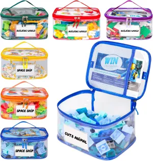 6 Pack Clear Toy Storage Bag with Name Tag& Manual Pocket, Waterproof Transparent PVC Toy Organizer Case for Lego Bricks, Board Games, Building Blocks, Puzzles (Large Capacity, Colorful)