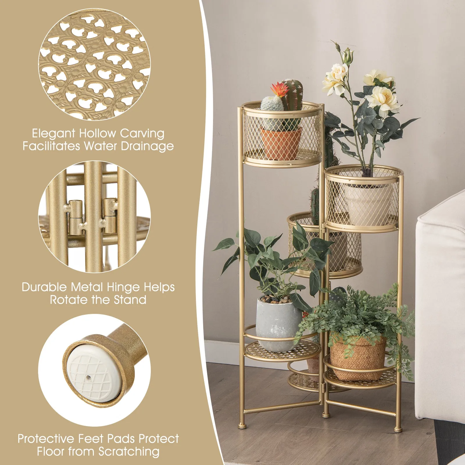 6-Tier Metal Plant Stand with Folding Rotatable Frame for Balcony Garden