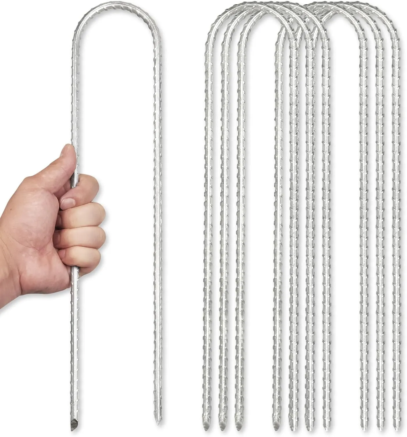 6pcs Heavy Galvanized Rebar Trampoline Wind Stakes - 16" Heavy Duty Steel U Ground Anchor with Chisel Point End. for Fences, Tents, Hoses and More
