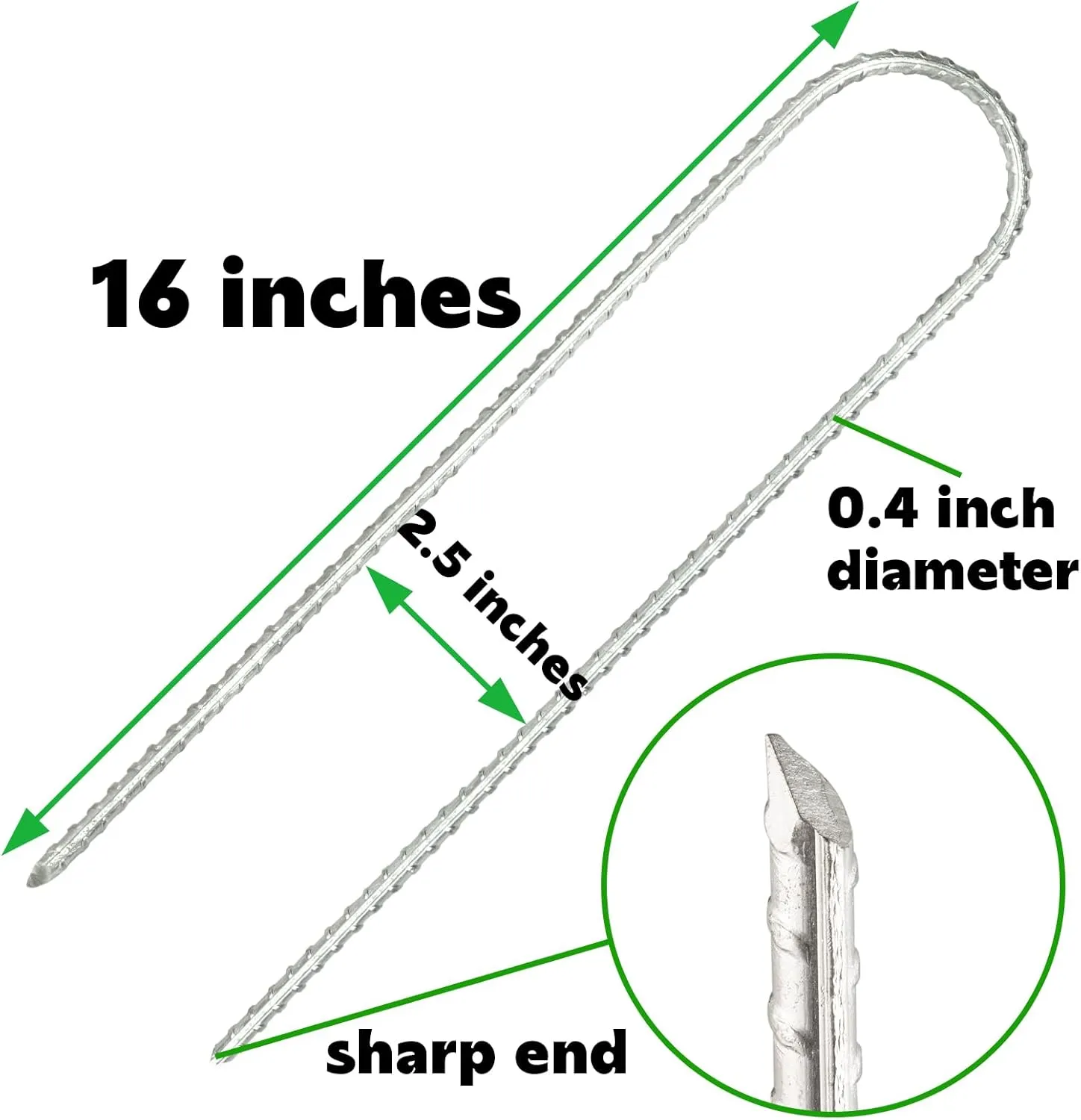 6pcs Heavy Galvanized Rebar Trampoline Wind Stakes - 16" Heavy Duty Steel U Ground Anchor with Chisel Point End. for Fences, Tents, Hoses and More