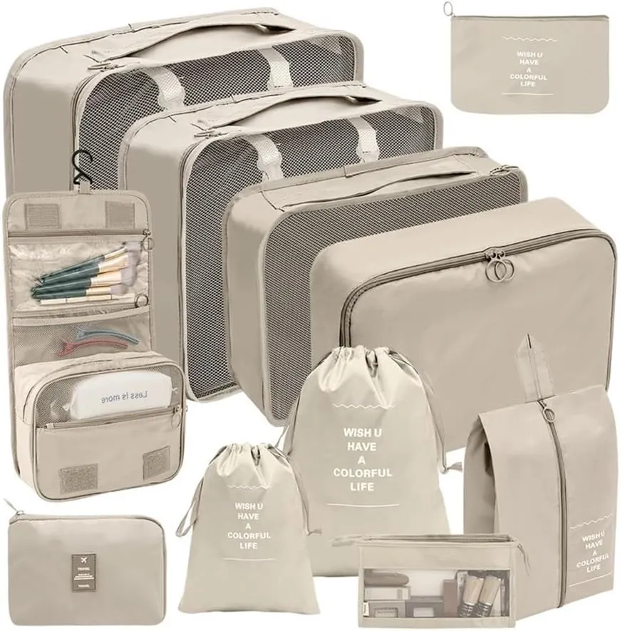 7/8/9/10 Pcs Set Travel Organizer Storage Bags Suitcase Packing Cubes Set Cases Portable Luggage Clothes Shoe Tidy Pouch Folding(10 pcs grey)