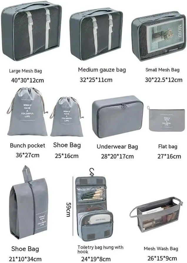 7/8/9/10 Pcs Set Travel Organizer Storage Bags Suitcase Packing Cubes Set Cases Portable Luggage Clothes Shoe Tidy Pouch Folding(10 pcs grey)