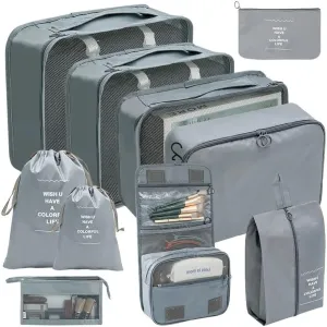 7/8/9/10 Pcs Set Travel Organizer Storage Bags Suitcase Packing Cubes Set Cases Portable Luggage Clothes Shoe Tidy Pouch Folding(10 pcs grey)