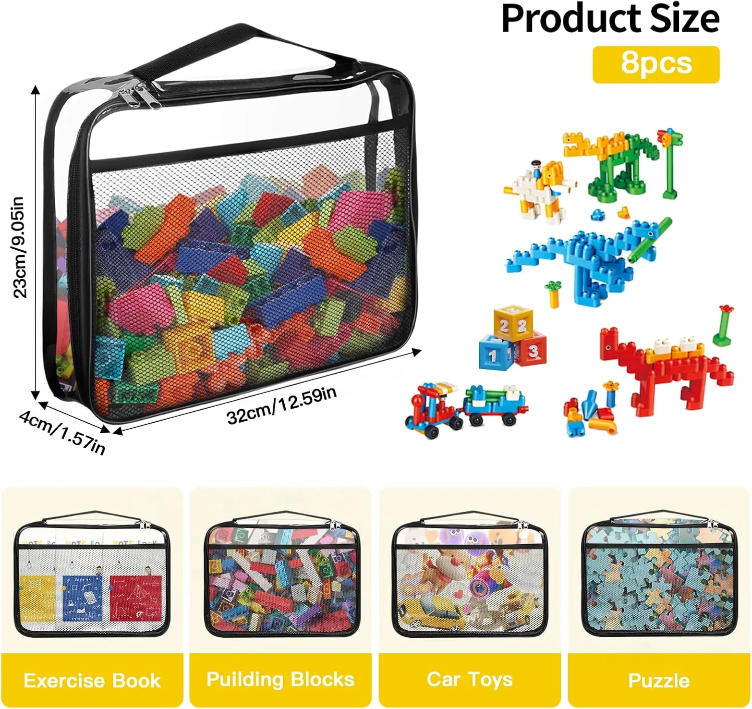 8 Packs Large Clear Toy Storage Bags, Reusable PVC Organizing Bags, zipper bags for organizing,Clear Zippered Blocks Bag Set,Waterproof Toy Storage Bags for Zipper,Puzzle, Kids Books,Board Games