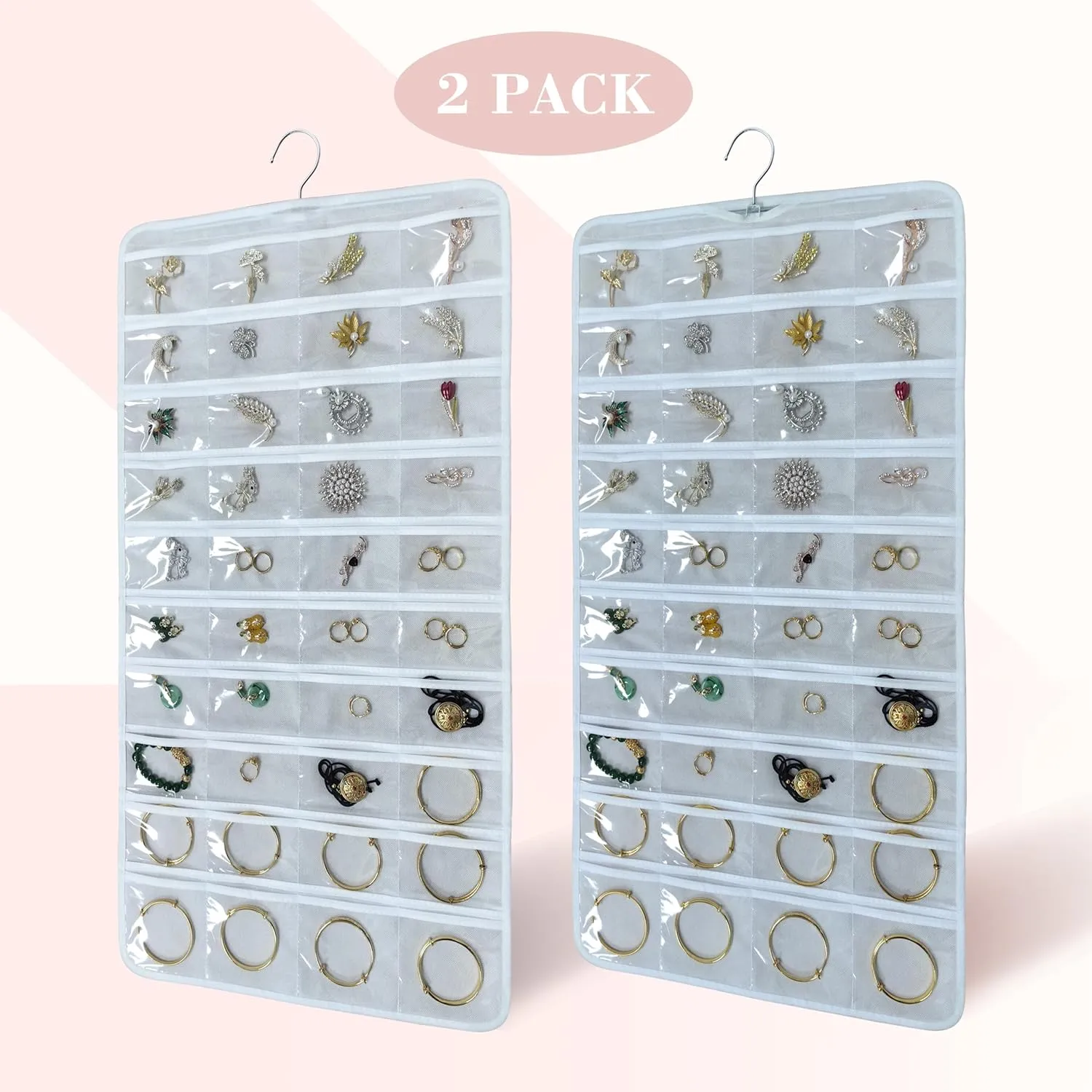 80 Pocket Hanging Jewelry Organizer with Hanger Metal Hooks Storage On Wall Door Closet Double-Sided(Each Side 40 Pockets) Jewelry Holder for Earrings, Necklaces, Rings (White White)