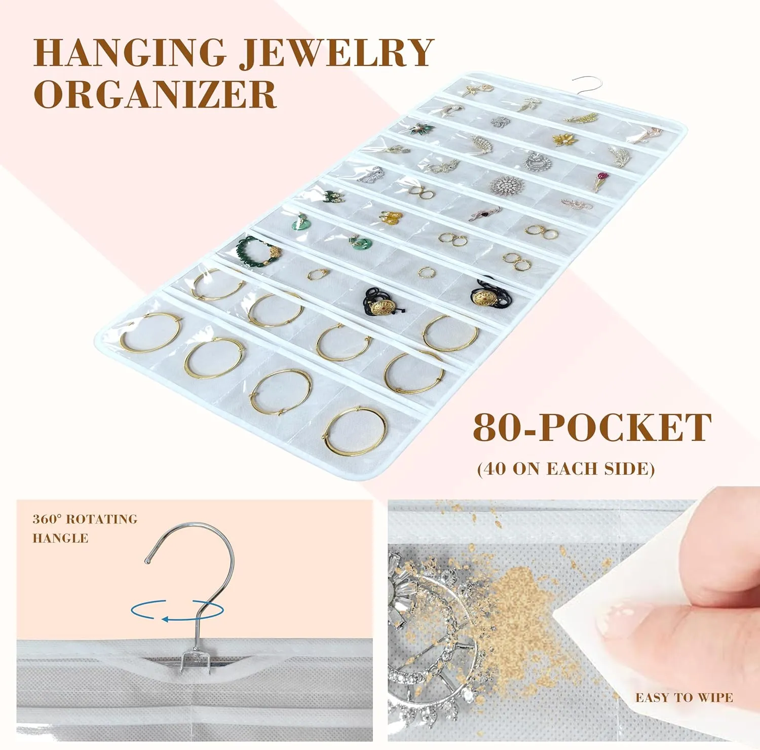 80 Pocket Hanging Jewelry Organizer with Hanger Metal Hooks Storage On Wall Door Closet Double-Sided(Each Side 40 Pockets) Jewelry Holder for Earrings, Necklaces, Rings (White White)