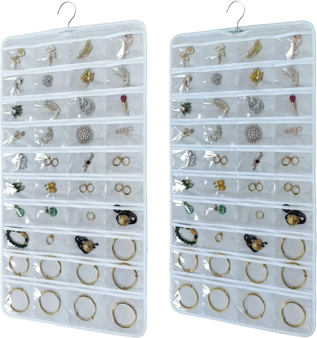 80 Pocket Hanging Jewelry Organizer with Hanger Metal Hooks Storage On Wall Door Closet Double-Sided(Each Side 40 Pockets) Jewelry Holder for Earrings, Necklaces, Rings (White White)