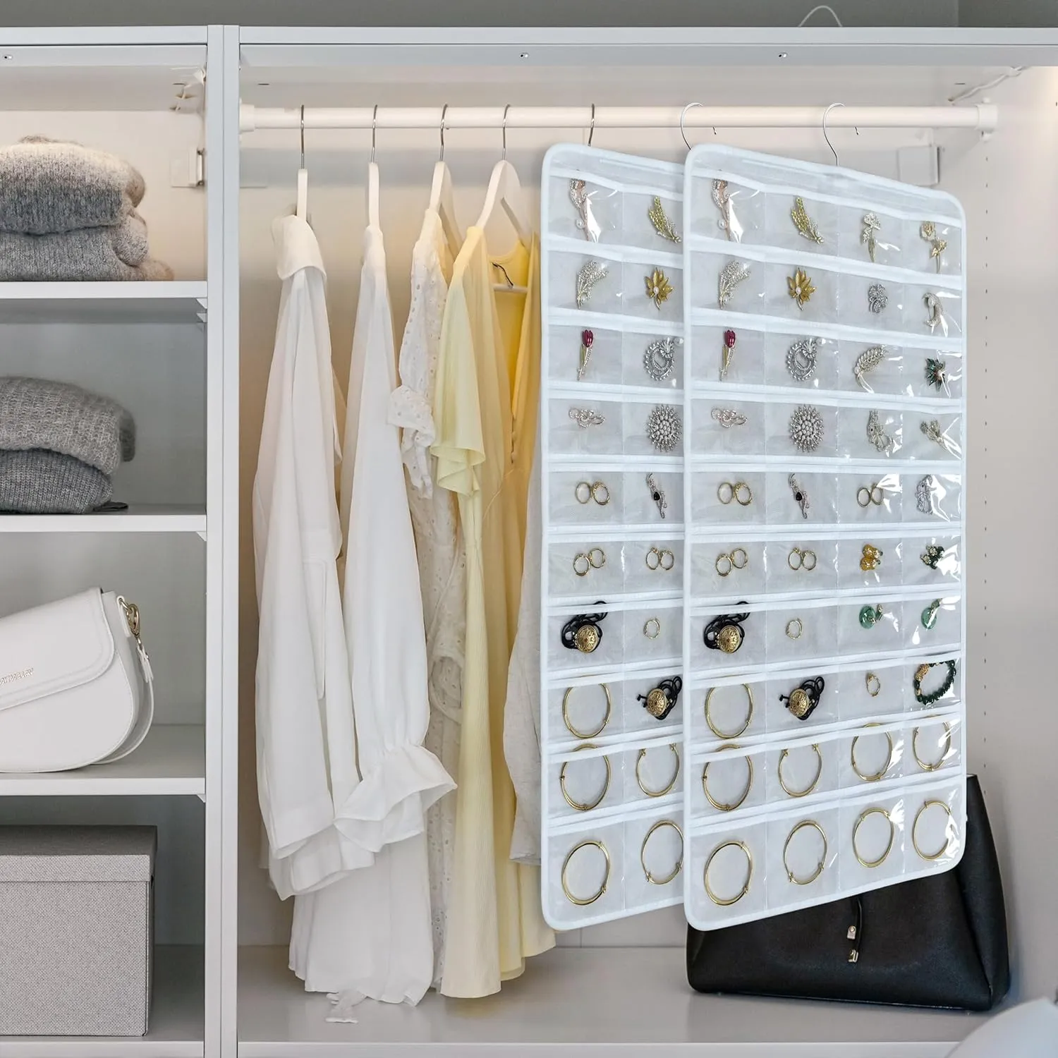 80 Pocket Hanging Jewelry Organizer with Hanger Metal Hooks Storage On Wall Door Closet Double-Sided(Each Side 40 Pockets) Jewelry Holder for Earrings, Necklaces, Rings (White White)