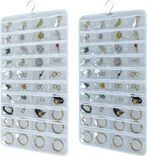 80 Pocket Hanging Jewelry Organizer with Hanger Metal Hooks Storage On Wall Door Closet Double-Sided(Each Side 40 Pockets) Jewelry Holder for Earrings, Necklaces, Rings (White White)