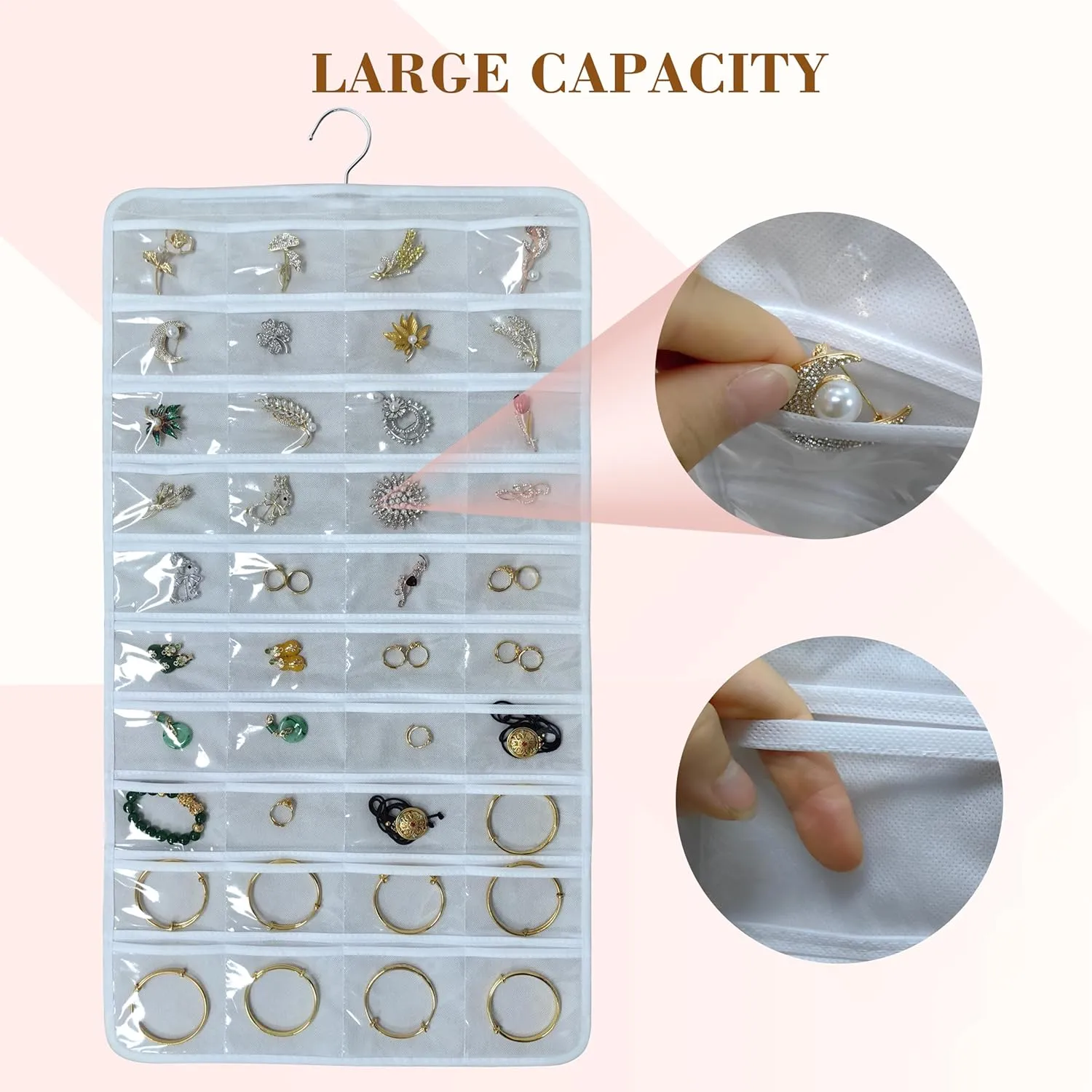 80 Pocket Hanging Jewelry Organizer with Hanger Metal Hooks Storage On Wall Door Closet Double-Sided(Each Side 40 Pockets) Jewelry Holder for Earrings, Necklaces, Rings (White White)