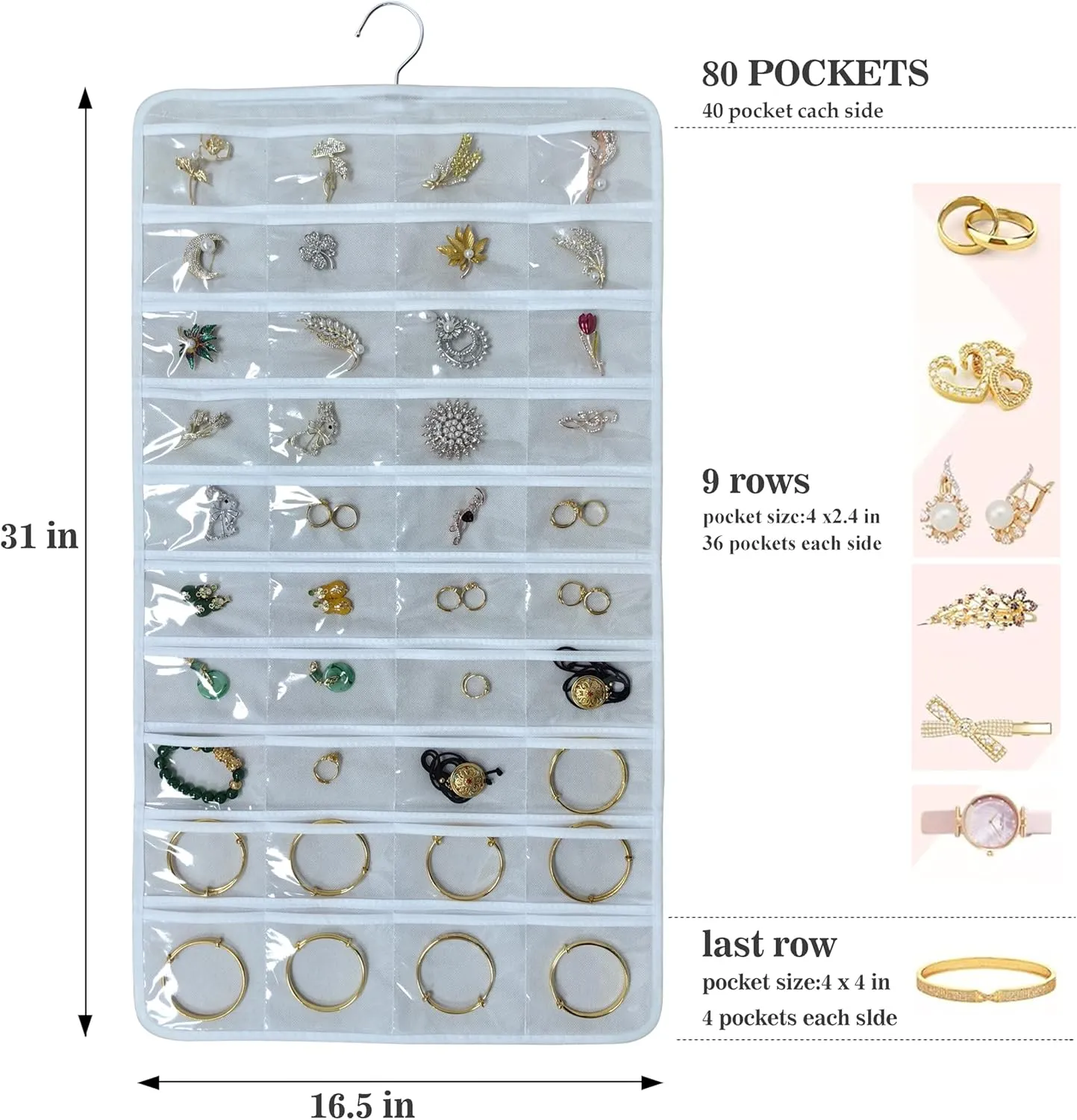 80 Pocket Hanging Jewelry Organizer with Hanger Metal Hooks Storage On Wall Door Closet Double-Sided(Each Side 40 Pockets) Jewelry Holder for Earrings, Necklaces, Rings (White White)