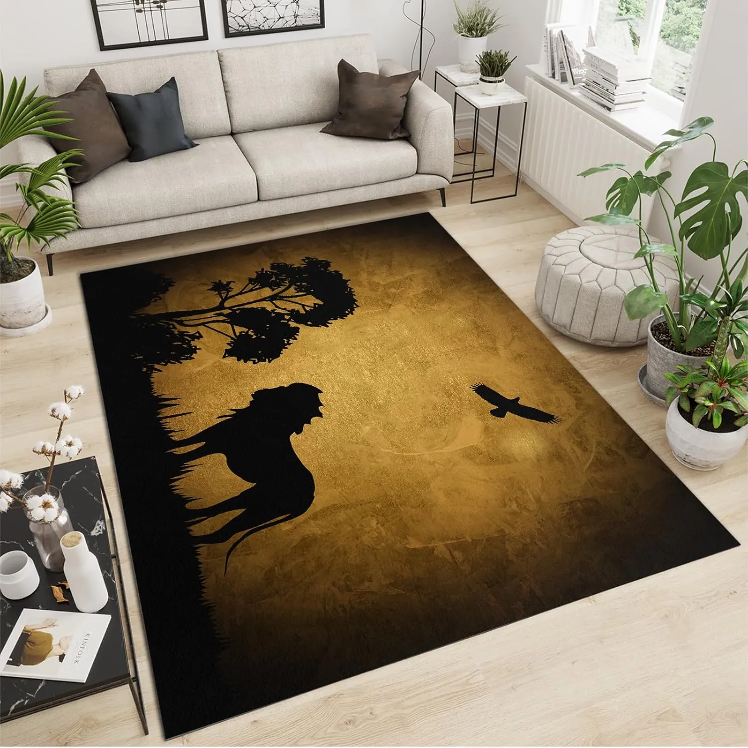 8x10 Large Rug, African Steppe Wolf Area Rug, Prairie Scenery Hunting Indoor Non Slip Kids Rug, Machine Washable Carpet for Living Room Bedroom Children's Room Dormitory Floor Mat