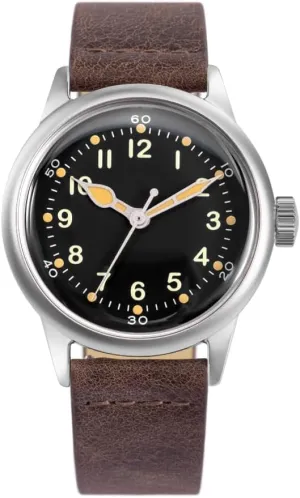 A-11 Service Watch Men's Military Automatic Watch, 38mm/42mm Stainless Steel Case, 50M Water Resistance, Black/Beige Dial with Green/White Lume, Black/Brown/Green Leather/Canvas/Nylon Strap, Combat Tactical Field Spec Ops Commemorative Vintage