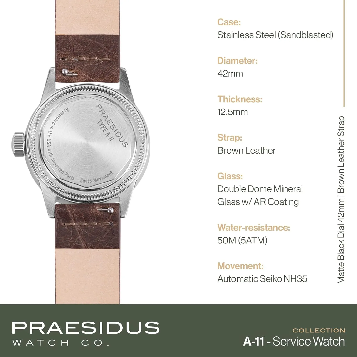 A-11 Service Watch Men's Military Automatic Watch, 38mm/42mm Stainless Steel Case, 50M Water Resistance, Black/Beige Dial with Green/White Lume, Black/Brown/Green Leather/Canvas/Nylon Strap, Combat Tactical Field Spec Ops Commemorative Vintage
