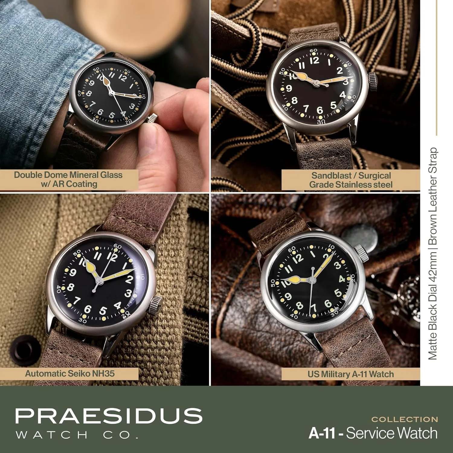 A-11 Service Watch Men's Military Automatic Watch, 38mm/42mm Stainless Steel Case, 50M Water Resistance, Black/Beige Dial with Green/White Lume, Black/Brown/Green Leather/Canvas/Nylon Strap, Combat Tactical Field Spec Ops Commemorative Vintage