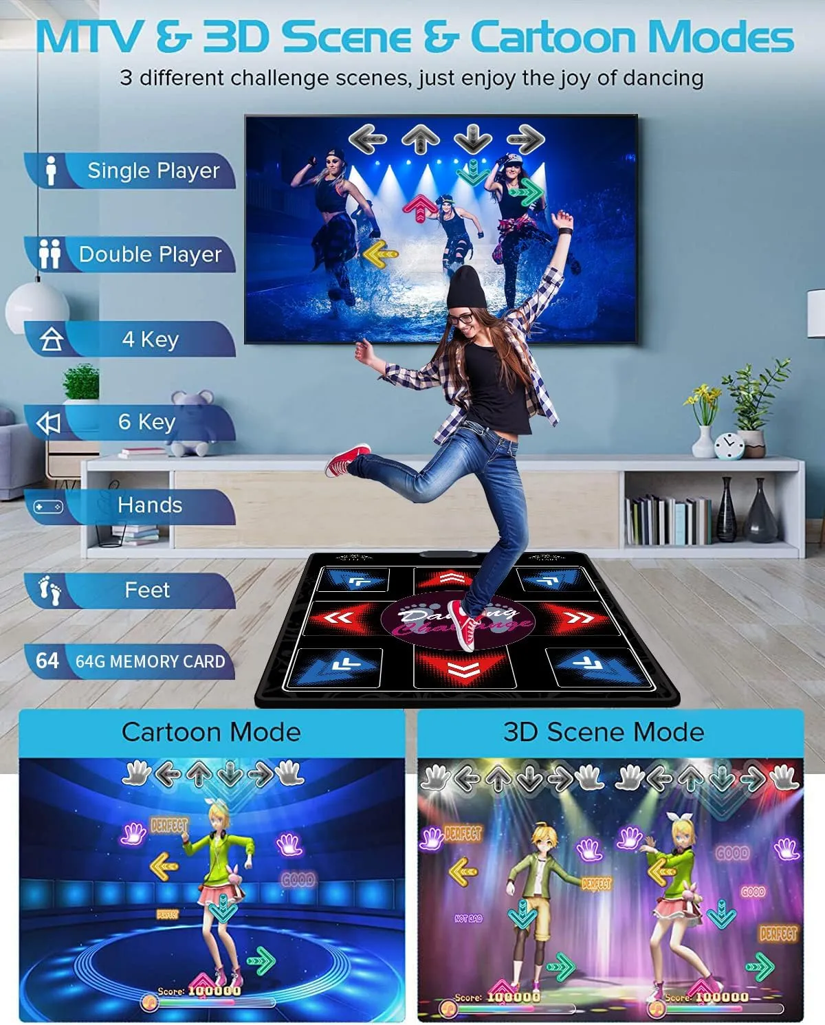 A Single-Person Dance mat with Camera, 64GB Card, 1000 Games,650 Songs, 81 Music Videos. Luxurious Gift for Boys and Girls, Made of high-Grade Flannel. Suitable for TV use.