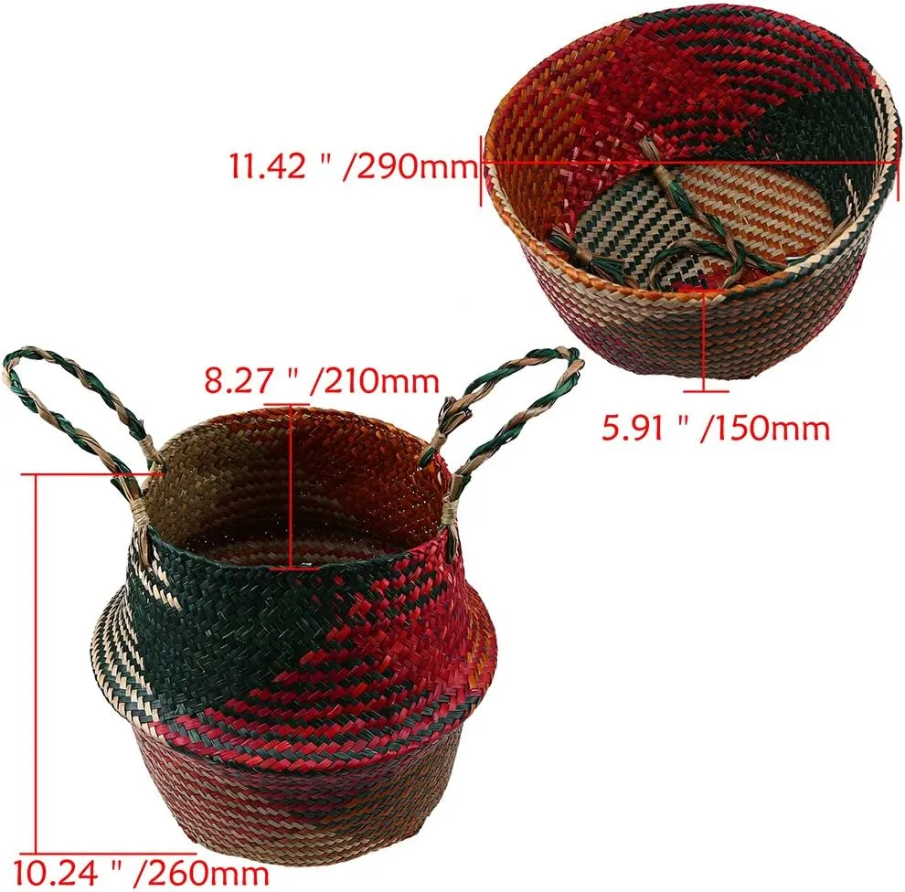 ABAO UNCLE Natural Seagrass Belly Basket with Handles - Foldable Tote for Storage, Laundry, Picnic, Plant Pot Cover, Beach Bag - Colorful 29x26CM