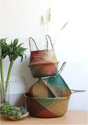 ABAO UNCLE Natural Seagrass Belly Basket with Handles - Foldable Tote for Storage, Laundry, Picnic, Plant Pot Cover, Beach Bag - Colorful 29x26CM