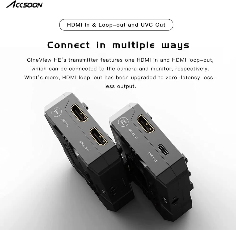 Accsoon CineView HE Wireless Video Transmitte&Receiver, 2.4 5Ghz, UVC Out for Live Streaming 1080p60 0.06s Latency 1200ft Range up to 4 Devices Monitoring, Compatible with CineView 2 SDI/SE/Quad