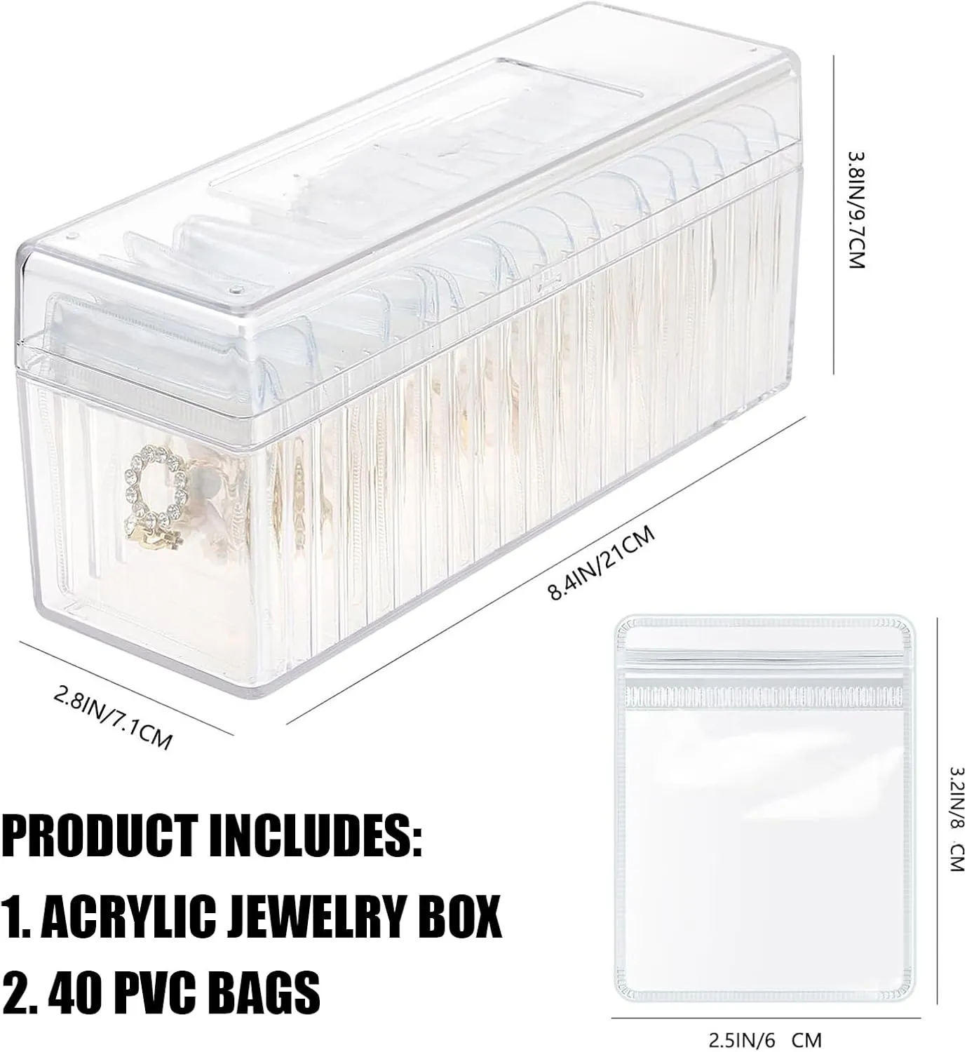 Acrylic Jewelry Box Organizer Holder with 40 Portable Anti Tarnish Bags for Earrings/Rings/Necklaces (Transparent)