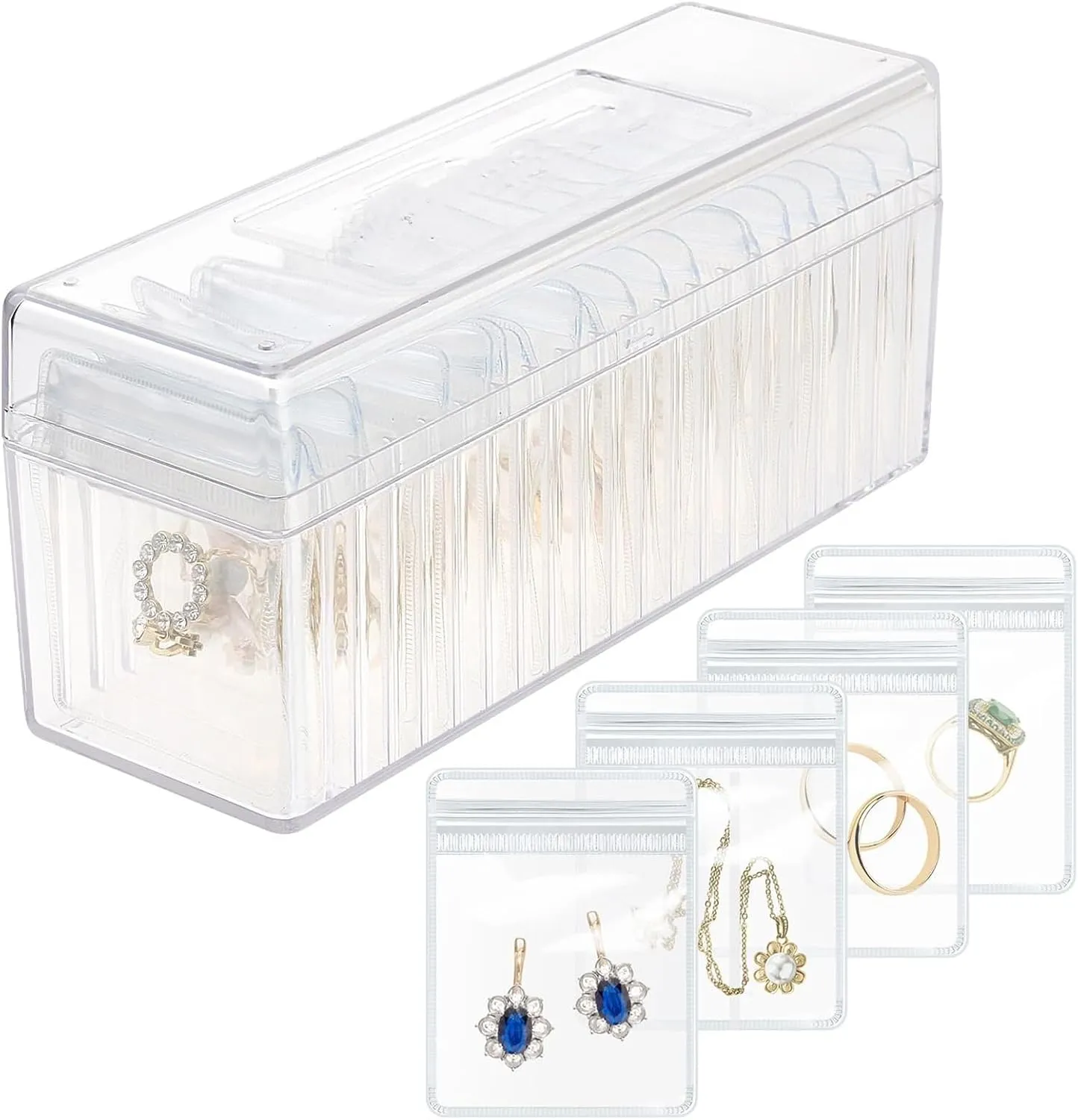 Acrylic Jewelry Box Organizer Holder with 40 Portable Anti Tarnish Bags for Earrings/Rings/Necklaces (Transparent)
