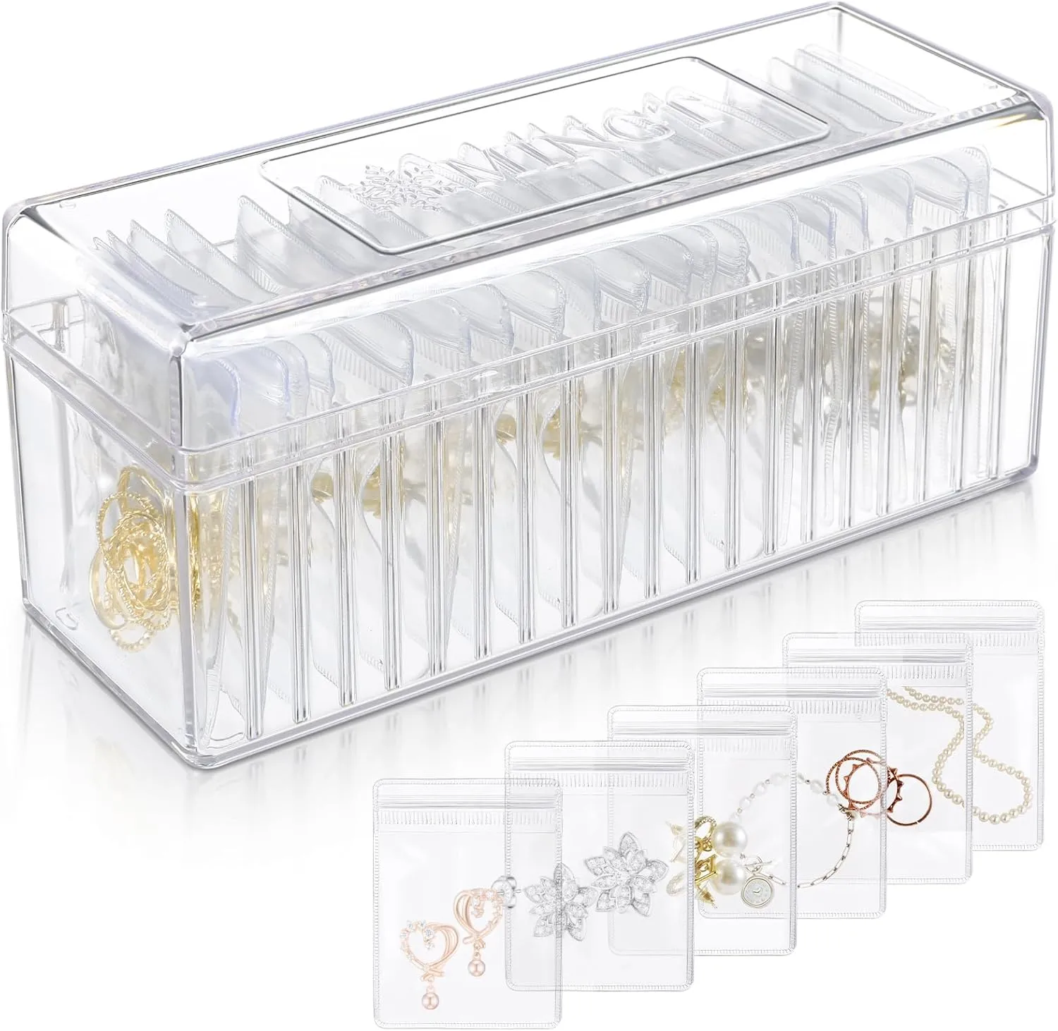 Acrylic Jewelry Organizer, Clear Acrylic Jewelry Box Organizer With 20 Portable Anti Tarnish Jewelry Bags, Clear Earring Storage Organizer For Rings/Necklaces For Women Girls
