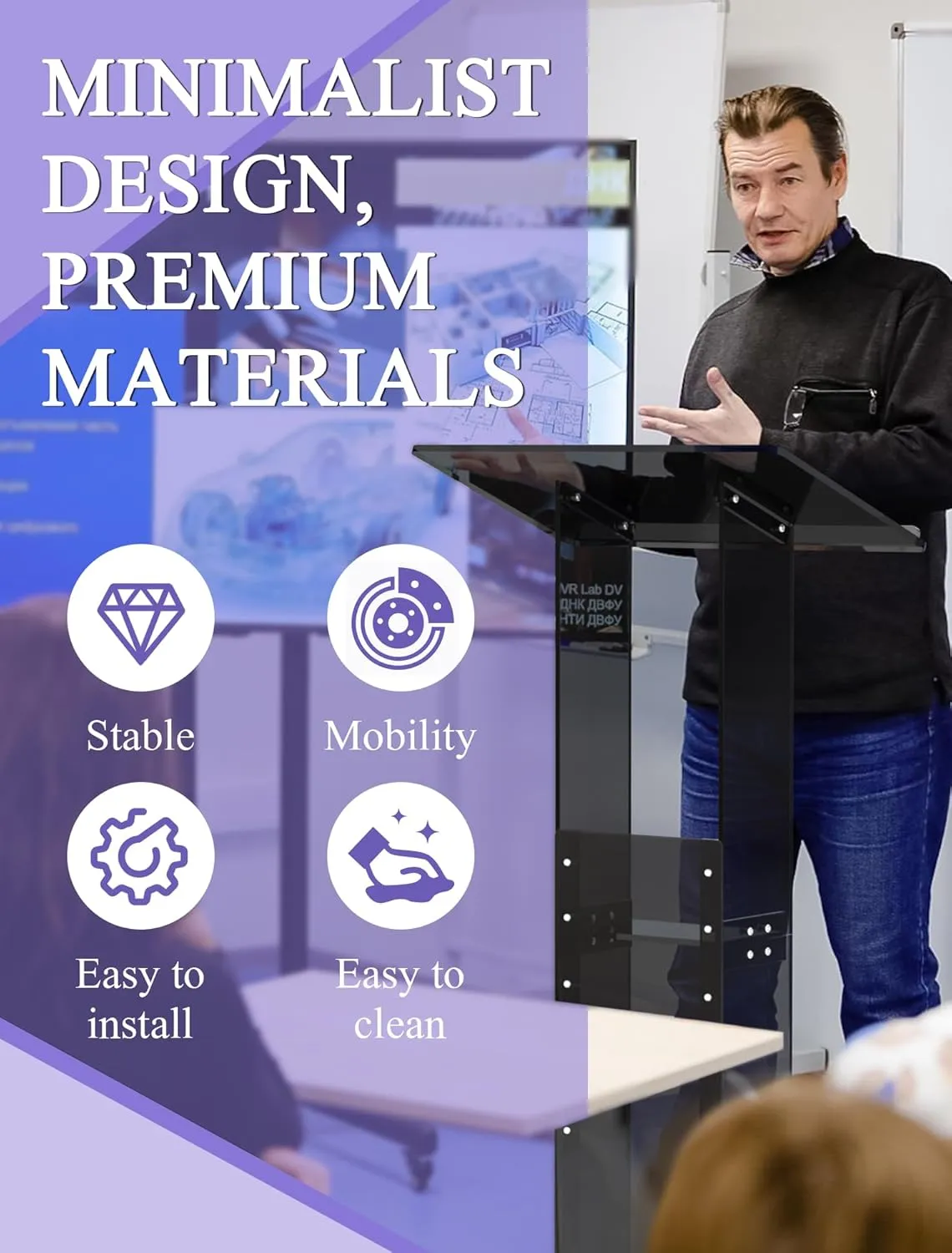 Acrylic Podium Stand with Lockable Wheels, 47" Black Podium Lectern Floor Standing Speaking Podium Modern Church Pulpit with Storage Shelf for Office Wedding School Speech Concert