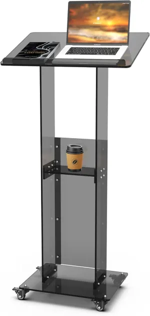 Acrylic Podium Stand with Lockable Wheels, 47" Black Podium Lectern Floor Standing Speaking Podium Modern Church Pulpit with Storage Shelf for Office Wedding School Speech Concert