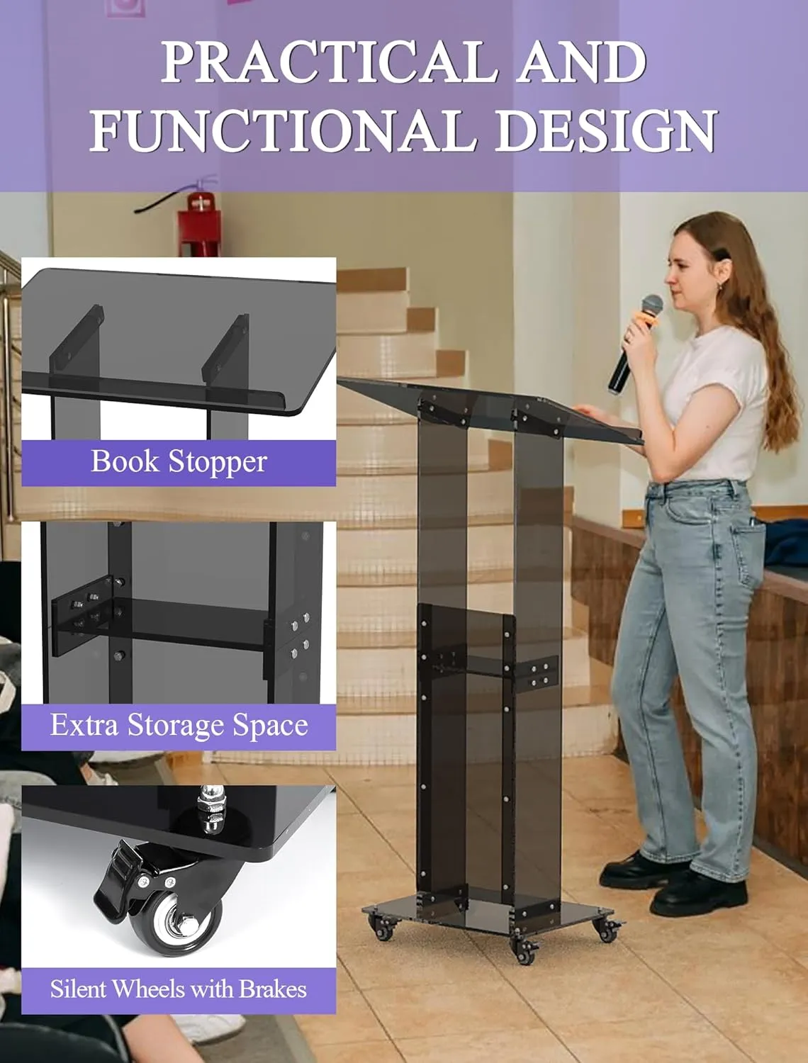 Acrylic Podium Stand with Lockable Wheels, 47" Black Podium Lectern Floor Standing Speaking Podium Modern Church Pulpit with Storage Shelf for Office Wedding School Speech Concert