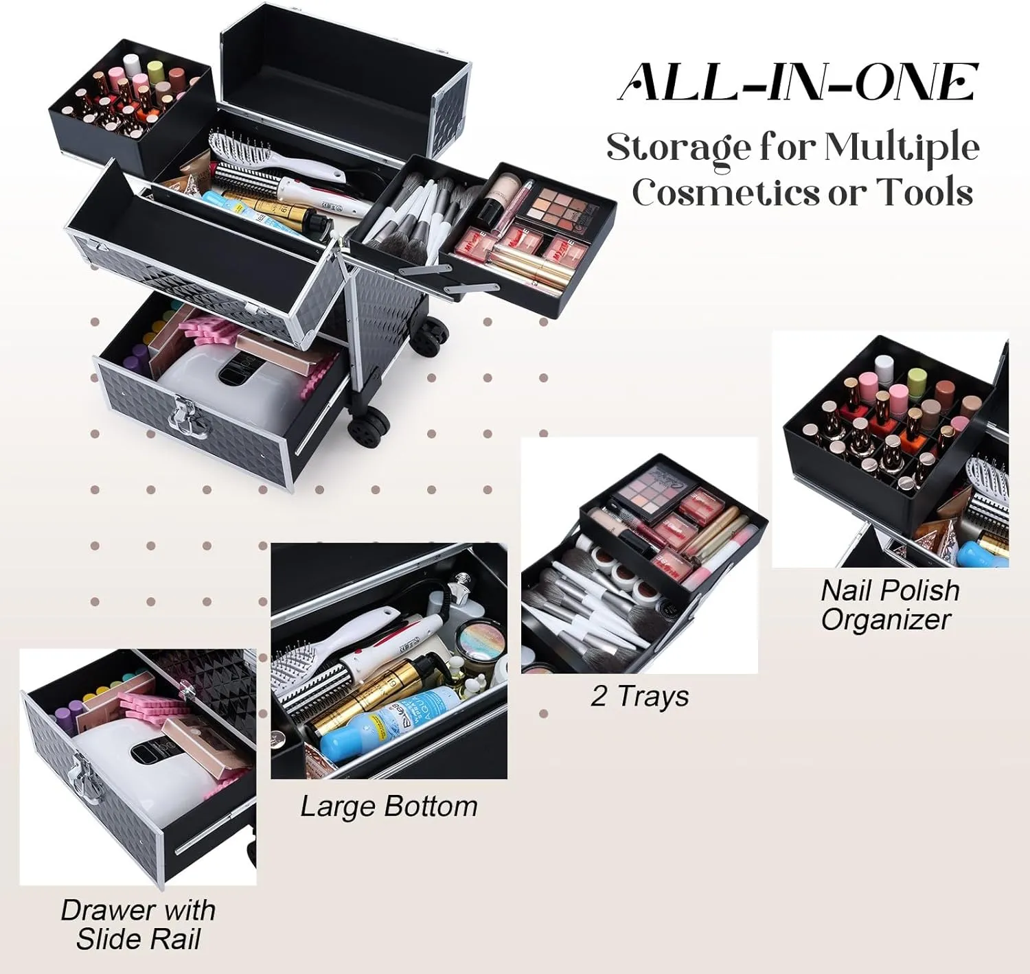 Adazzo Professional Rolling Makeup Case for Makeup Artists Multi-functional Cosmetic Train Case Large Storage Case for Nail Technicians Cosmetology Case with Compartments for Hairstylist