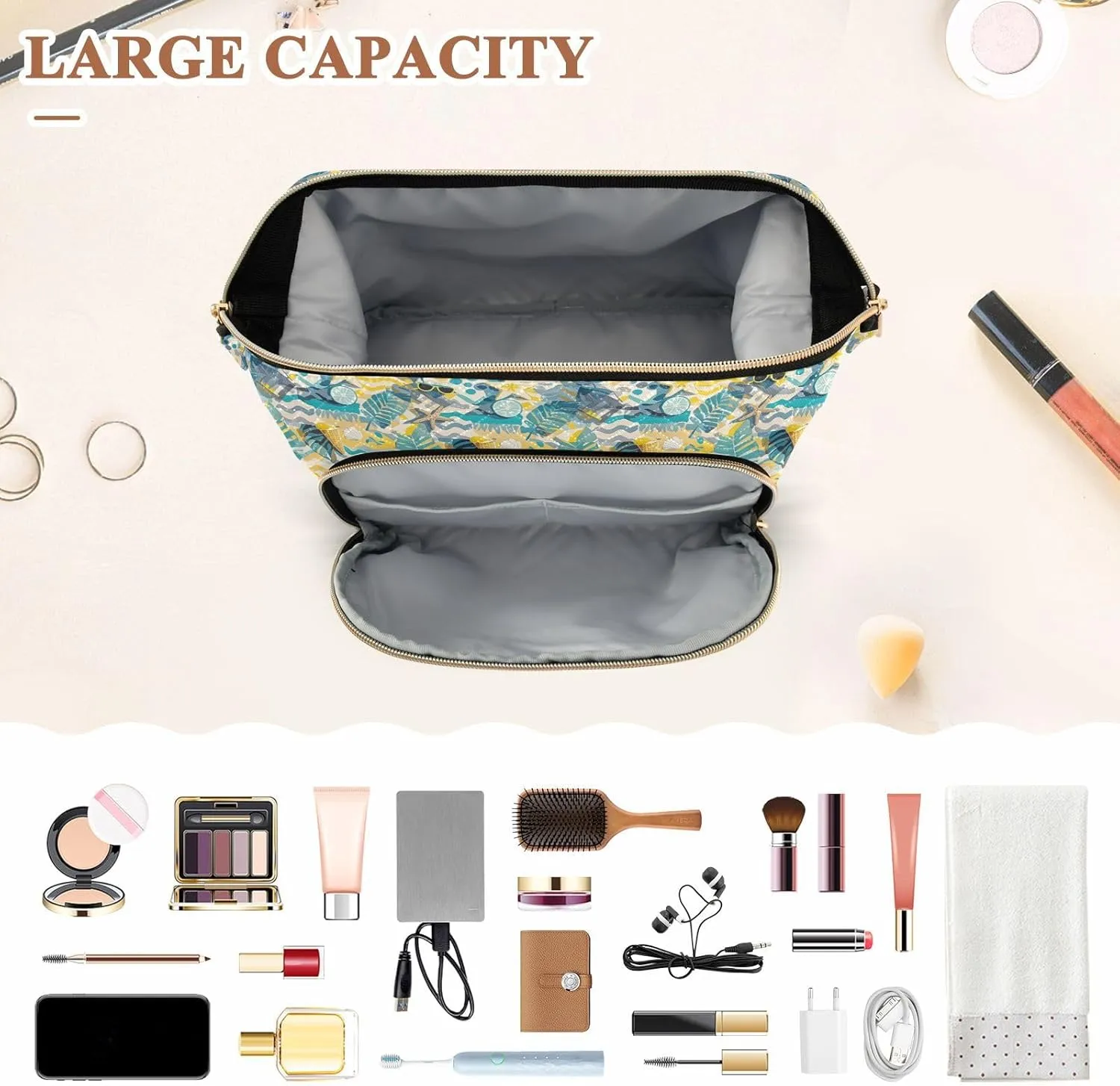 Aesthetic Makeup Bag Travel-Friendly Quilted Organizer with Wide-open Access