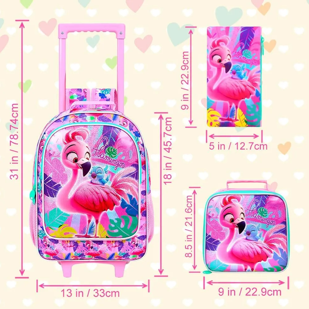 AGSDON 3PCS Kids Rolling Backpack, Girls Roller Wheels Bookbag, Wheeled Elementary School Bag with Lunch Bag - Flamingo
