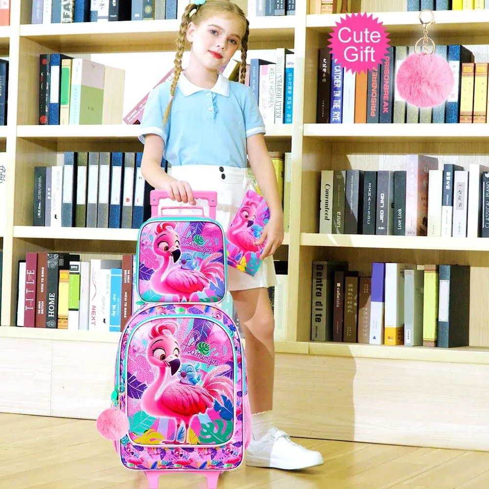 AGSDON 3PCS Kids Rolling Backpack, Girls Roller Wheels Bookbag, Wheeled Elementary School Bag with Lunch Bag - Flamingo