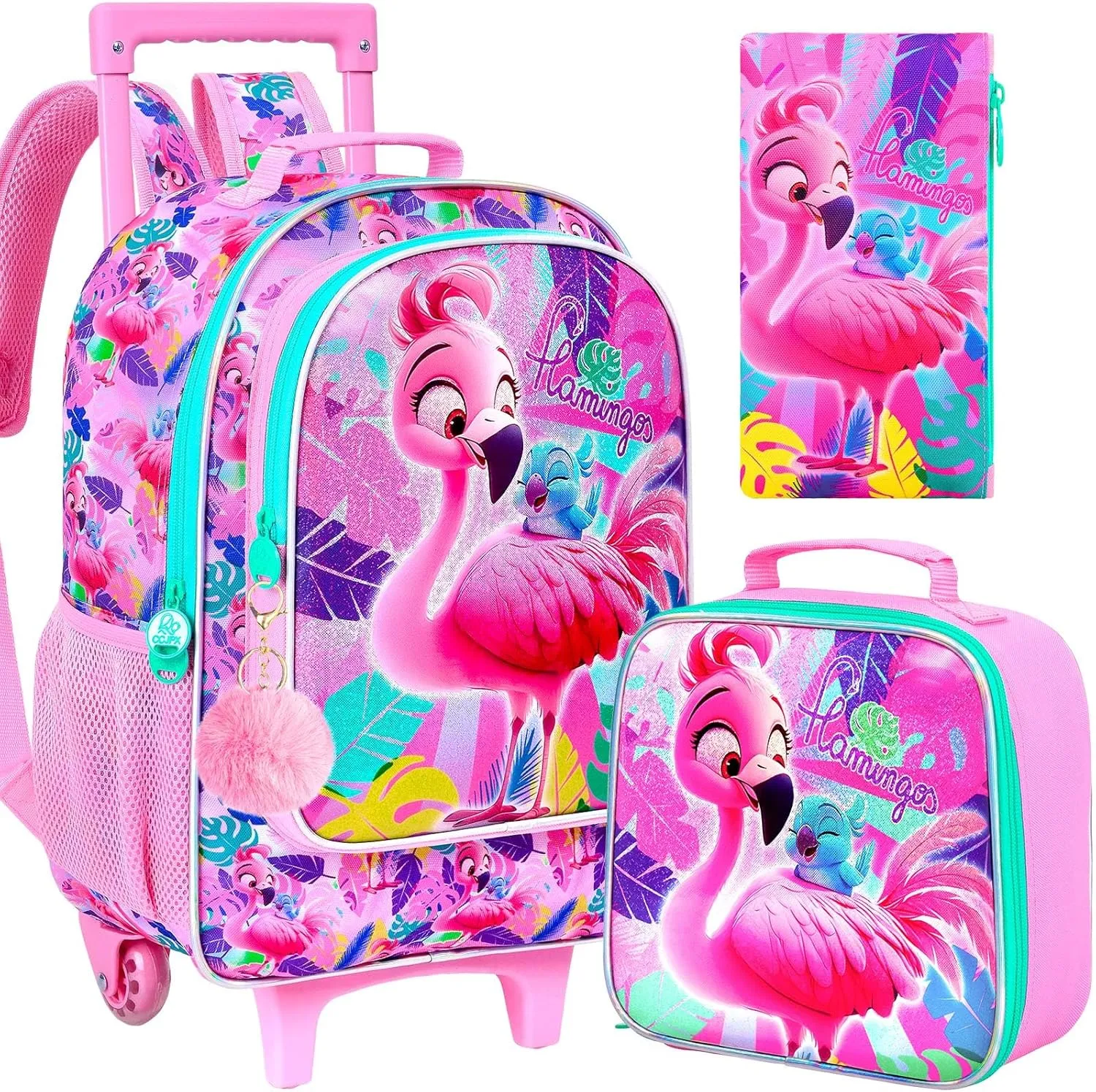 AGSDON 3PCS Kids Rolling Backpack, Girls Roller Wheels Bookbag, Wheeled Elementary School Bag with Lunch Bag - Flamingo