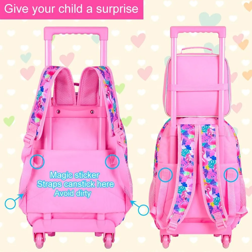 AGSDON 3PCS Kids Rolling Backpack, Girls Roller Wheels Bookbag, Wheeled Elementary School Bag with Lunch Bag - Flamingo