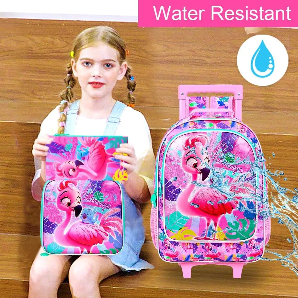 AGSDON 3PCS Kids Rolling Backpack, Girls Roller Wheels Bookbag, Wheeled Elementary School Bag with Lunch Bag - Flamingo