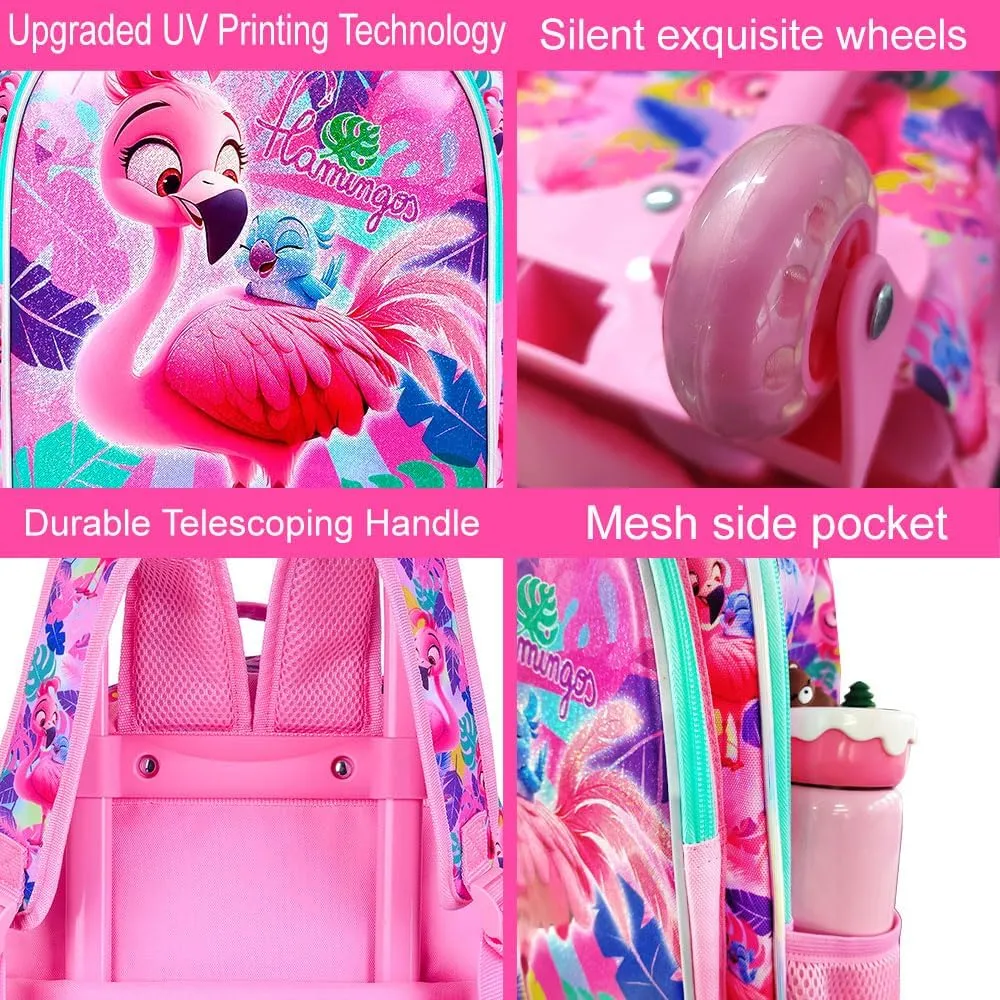 AGSDON 3PCS Kids Rolling Backpack, Girls Roller Wheels Bookbag, Wheeled Elementary School Bag with Lunch Bag - Flamingo