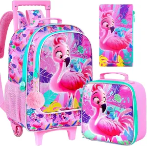 AGSDON 3PCS Kids Rolling Backpack, Girls Roller Wheels Bookbag, Wheeled Elementary School Bag with Lunch Bag - Flamingo